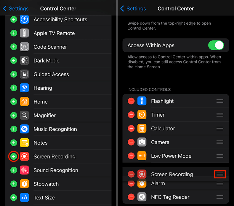 Enable screen recording on iPhone