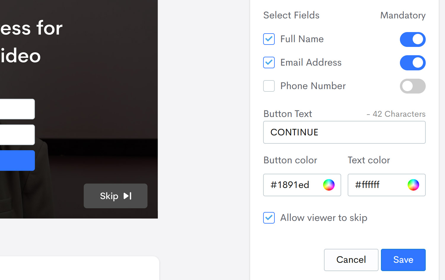 Lead form fields and button