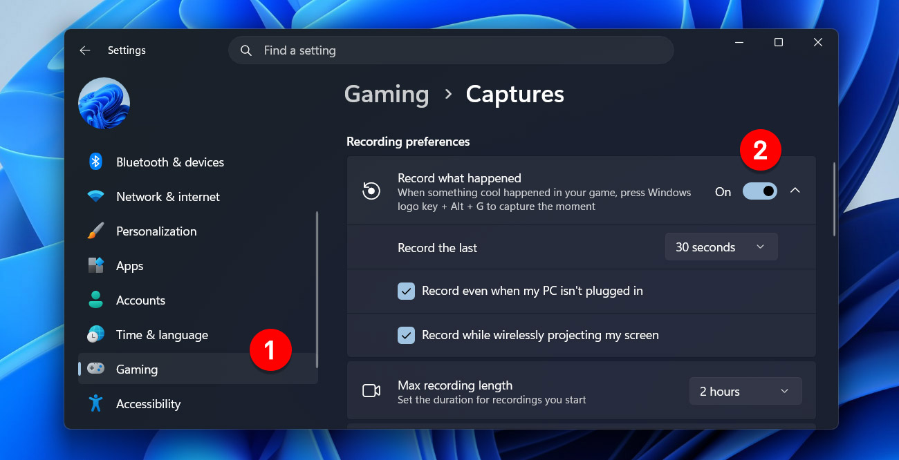 Windows background screen recording settings